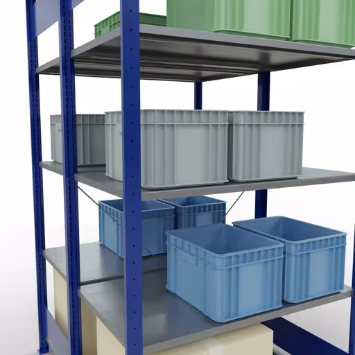 Zusatzbild des Artikels Grundregal, Doppelregal, Fachbodenregal Stecksystem MULTIplus150, 2000 x 1000 x (2x600) mm (HxBxT), 2x5 Fachböden, Kreuzstrebe, RAL 5010 enzianblau aus Doppelregale