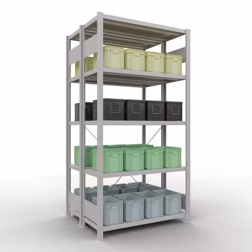 Étagère de base, étagère double, étagère à étagères, système enfichable MULTIplus250, 2000 x 1000 x (2x400) mm, 2x5 étagères, traverse, RAL 7035 gris clair avec la référence réf. 32140-G Étagère de base, étagère double, système d'étagères MULTIplus250, 2000 x 1000 x (2x400) mm, 2x5 étagères, gris clair RAL 7035 de Schulte Lagertechnik de la catégorie étagères