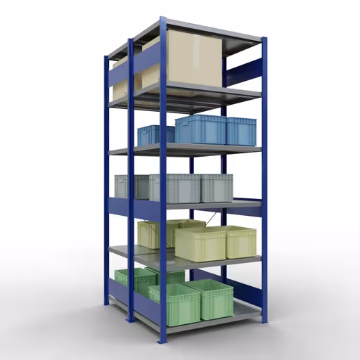 Figura n. 13 dell'articolo scaffale base, scaffale doppio, sistema a innesto per scaffali MULTIplus250, 2500 x 1000 x (2x600) mm (AxLxP), 2x6 ripiani, traversa, RAL 5010 blu genziana del gruppo di prodotti scaffali della marca Schulte Lagertechnik