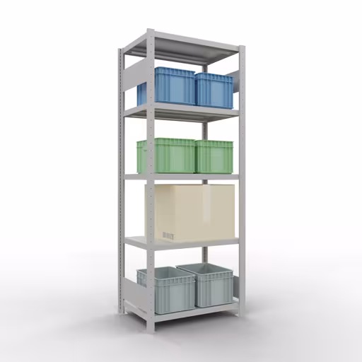 Étagère de base, étagère, système enfichable MULTIplus250, 2000 x 750 x 500 mm (HxLxP), 5 étagères, barres de longueur, RAL 7035 gris clair de la catégorie d'étagères de base avec le GTIN 4004514294722 Étagère de base, étagère, système enfichable MULTIplus250, 2000 x 750 x 500 mm, 5 étagères, RAL 7035 gris clair de la marque Schulte Lagertechnik de la gamme de produits du système enfichable