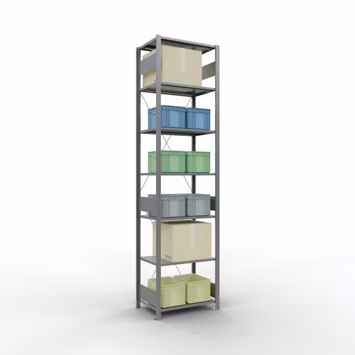 Scaffale base, scaffale, sistema a innesto MULTIplus150, 3000 x 750 x 500 mm (AxLxP), 7 ripiani, traversa, zincato con articolo n. 12752-75 Scaffale base, scaffale, sistema a innesto MULTIplus150, 3000 x 750 x 500 mm (AxLxP), 7 ripiani, traversa, zincato di Schulte Lagertechnik della categoria Sistema a innesto