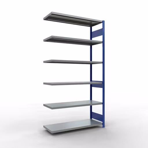 Scaffale aggiuntivo, scaffale, sistema a innesto MULTIplus250, 2500 x 1300 x 500 mm (AxLxP), 6 ripiani, barra longitudinale, RAL 5010 blu genziana/zincato, ripiano aggiuntivo, articolo n. 12956-130-LR-B