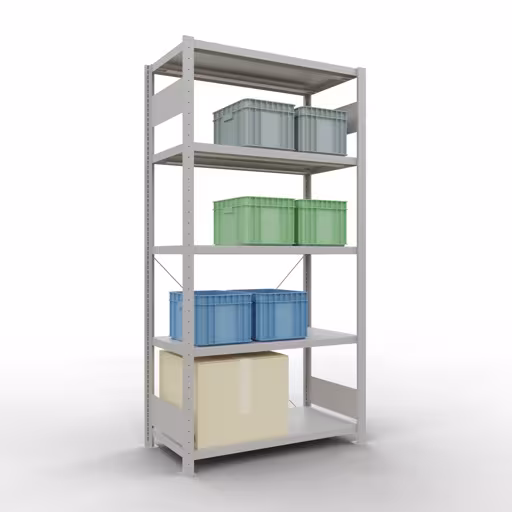 Figura n. 8 dell'articolo scaffale base, scaffale, sistema a innesto MULTIplus330, 2000 x 1000 x 500 mm (AxLxP), 5 ripiani, traversa, RAL 7035 grigio chiaro del gruppo di prodotti sistema a innesto della marca Schulte Lagertechnik