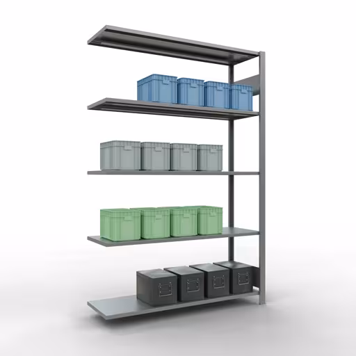 Scaffali aggiuntivi, scaffali, sistema a innesto MULTIplus150, 2000 x 1300 x 400 mm (AxLxP), 5 ripiani, barre longitudinali, zincato con l'articolo n. 12745-130-LR Scaffali aggiuntivi, scaffali, sistema a innesto MULTIplus150, 2000 x 1300 x 400 mm (AxLxP), 5 ripiani, barre longitudinali, zincato di Schulte Lagertechnik della categoria Sistemi a innesto