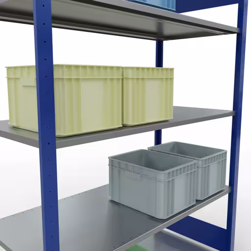 Étagère de base, étagère, système enfichable MULTIplus150, 2000 x 1300 x 600 mm (HxLxP), 5 étagères, barres de longueur, RAL 5010 bleu gentiane/galvanisé avec le GTIN 4004514280848 Étagère de base, étagère à étagères, système enfichable MULTIplus150, 2000 x 1300 x 600 mm, 5 étagères, RAL 5010 bleu gentiane/galvanisé de Schulte Lagertechnik avec le numéro d'article. 12760-130-LR-B