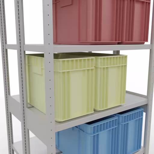 Une autre vue de l'article étagère de base, étagère double, système d'étagères MULTIplus250, 2500 x 1000 x (2x400) mm, 2x6 étagères, RAL 7035 gris clair de la catégorie étagère