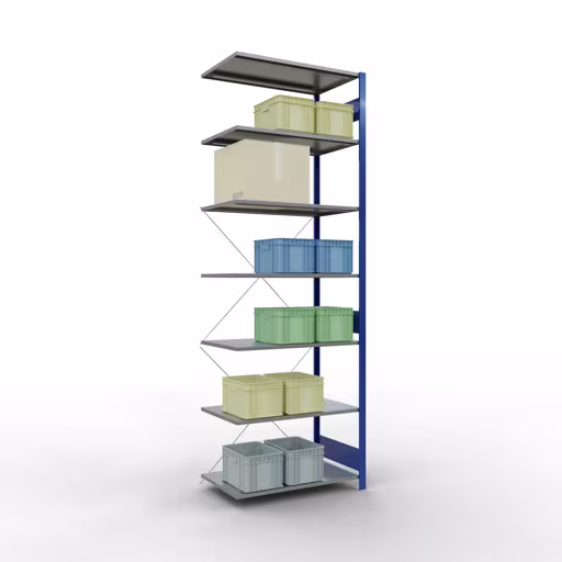 Image supplémentaire de l'article Rayonnage complémentaire, rayonnage à étagères, système enfichable MULTIplus150, 3000 x 1000 x 600 mm (HxLxP), 7 étagères, traverse, RAL 5010/galvanisé Image supplémentaire de l'article Étagère complémentaire, étagère, système enfichable MULTIplus150, 3000 x 1000 x 600 mm, 7 étagères, RAL 5010/galvanisé à partir de l'étagère supplémentaire