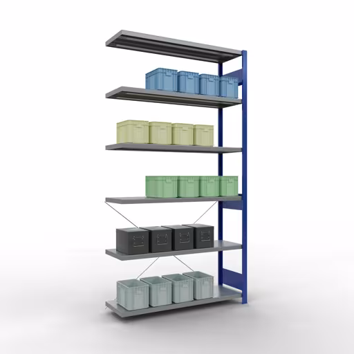 Image du produit n° 15 de l'article Rayonnage complémentaire, rayonnage à étagères, système enfichable MULTIplus250, 2500 x 1300 x 400 mm, 6 étagères, traverse, RAL 5010 bleu gentiane/galvanisé Figure n° 15 de l'article étagère complémentaire, étagère à étagères, système enfichable MULTIplus250, 2500 x 1300 x 400 mm, 6 étagères, RAL 5010 bleu gentiane/galvanisé du groupe de produits système enfichable de Schulte Lagertechnik