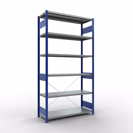 Étagère de base, étagère, système enfichable MULTIplus250, 2500 x 1300 x 500 mm (HxLxP), 6 étagères, traverse, RAL 5010 bleu gentiane/galvanisé, étagère de base, réf. 12951-130-B