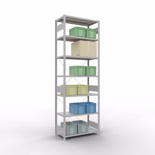 Scaffale base, scaffale, sistema a innesto MULTIplus250, 3000 x 1000 x 500 mm (AxLxP), 7 ripiani, traversa, RAL 7035 grigio chiaro con l'articolo n. 32852 Scaffale base, scaffale, sistema a innesto MULTIplus250, 3000 x 1000 x 500 mm (AxLxP), 7 ripiani, traversa, RAL 7035 grigio chiaro di Schulte Lagertechnik della categoria Sistemi a innesto