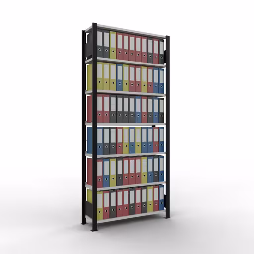 Produktbild Nr 12 des Artikels Grundregal, Büro-Fachbodenregal Stecksystem MULTIplus85, 2300 x 1000 x 300 mm (HxBxT), 7 Fachböden, Kreuzstrebe, mit Anschlagleiste, schwarz/lichtgrau Abbildung Nr 12 des Artikels Grundregal, Büro-Fachbodenregal Stecksystem MULTIplus85, 2300 x 1000 x 300 mm (HxBxT), 7 Fachböden, Kreuzstrebe, mit Anschlagleiste, schwarz/lichtgrau aus der Produktgruppe Büroregale von der Marke Schulte Lagertechnik