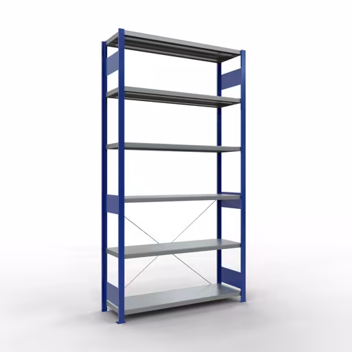 Étagère de base, étagère, système enfichable MULTIplus250, 2500 x 1300 x 400 mm (HxLxP), 6 étagères, traverse, RAL 5010 bleu gentiane/galvanisé, étagère de base, réf. 12941-130-B