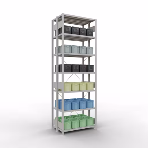 Grundregal, Doppelregal, Fachbodenregal Stecksystem MULTIplus250, 3000 x 1000 x (2x300) mm (HxBxT), 2x7 Fachböden, Kreuzstrebe, RAL 7035 lichtgrau mit der GTIN 4058255035427 Grundregal, Doppelregal, Fachbodenregal Stecksystem MULTIplus250, 3000 x 1000 x (2x300) mm (HxBxT), 2x7 Fachböden, Kreuzstrebe, RAL 7035 lichtgrau von Schulte Lagertechnik mit der Artikelnr. 32132-G