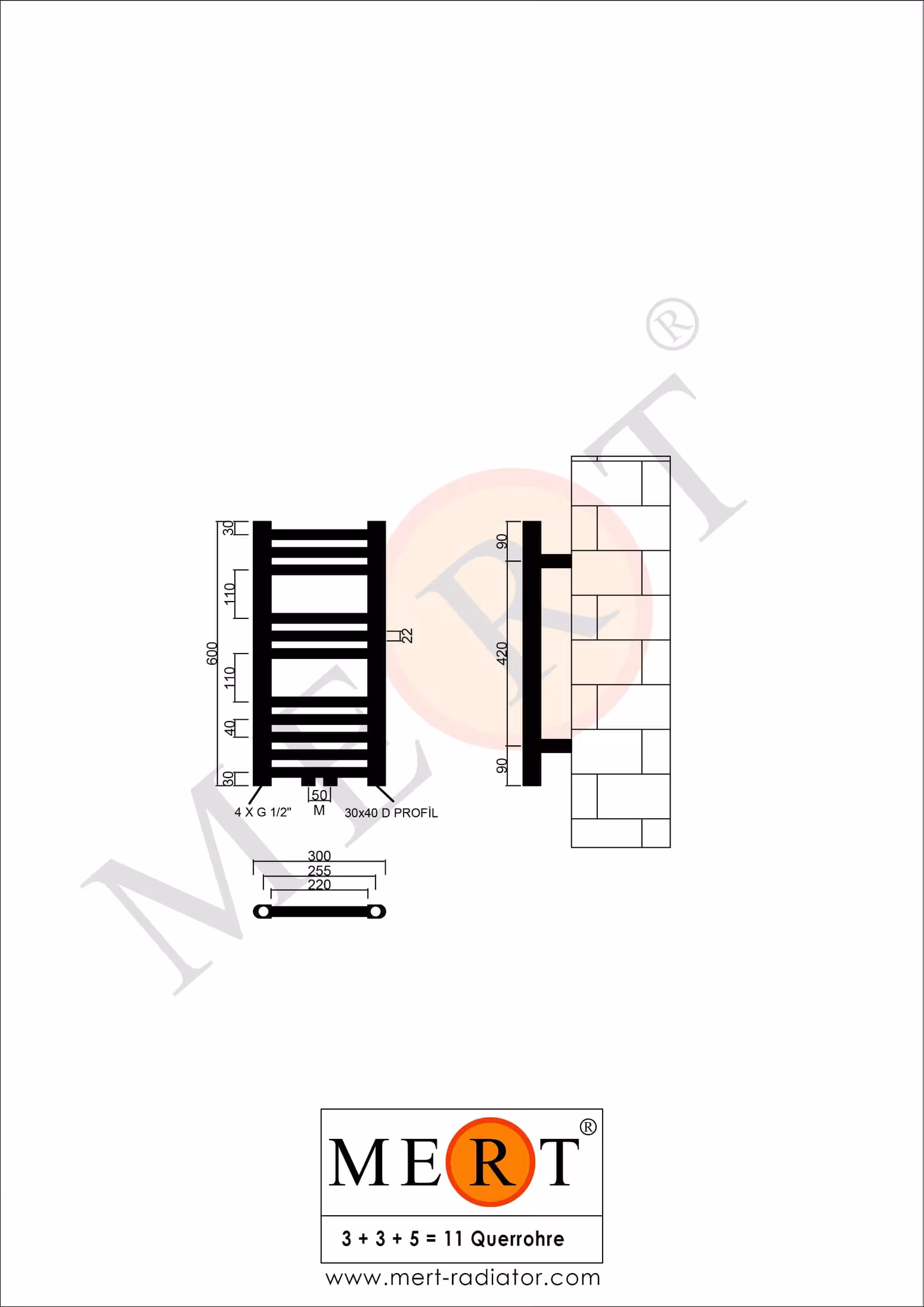 Immagine aggiuntiva dell'articolo Radiatore da bagno MERT cromato dritto, 300*600 mm, attacco centrale dalla categoria Radiatori da bagno