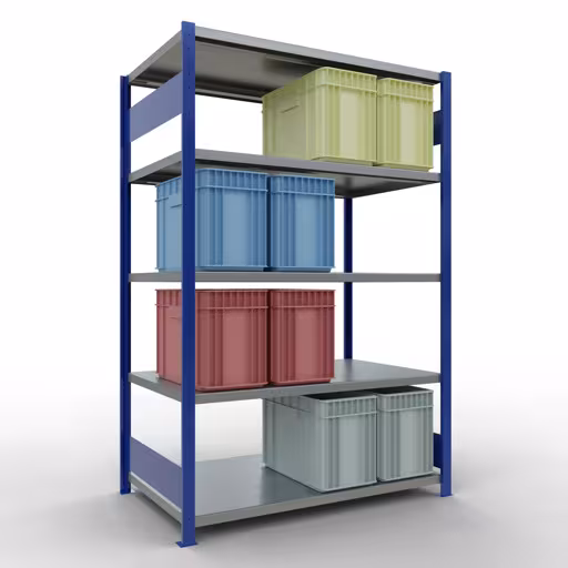 Figura n. 14 dell'articolo scaffale base, scaffale, sistema a innesto MULTIplus250, 2000 x 1300 x 800 mm (AxLxP), 5 ripiani, barre longitudinali, RAL 5010 blu genziana/zincato del gruppo di prodotti sistema a innesto della marca Schulte Lagertechnik