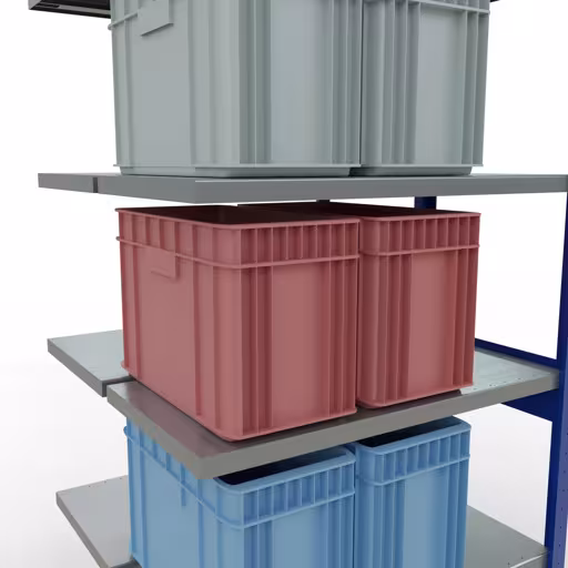 Une autre vue de l'article Tablette supplémentaire, tablette double, système d'étagères enfichables MULTIplus250, 2500 x 1000 x (2x500) mm, 2x6 tablettes, barres de longueur, RAL 5010 bleu gentiane Une autre vue de l'article, étagère double, système d'étagères MULTIplus250, 2500 x 1000 x (2x500) mm, 2x6 étagères, RAL 5010 bleu gentiane de la catégorie étagère