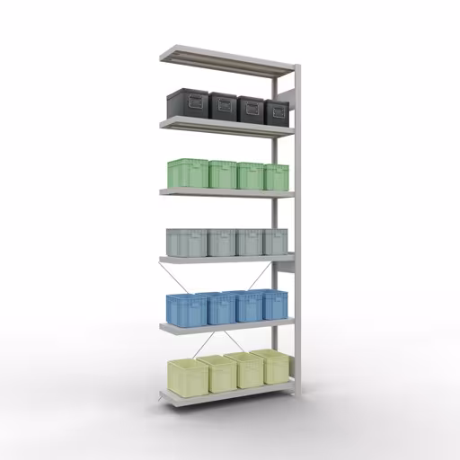 Image du produit n° 13 de l'article Rayonnage complémentaire, rayonnage à étagères, système enfichable MULTIplus330, 2500 x 1000 x 300 mm, 6 tablettes, traverse, RAL 7035 gris clair Figure n° 13 de l'article étagère complémentaire, étagère à étagères, système enfichable MULTIplus330, 2500 x 1000 x 300 mm, 6 étagères, RAL 7035 gris clair du groupe de produits système enfichable de la marque Schulte Lagertechnik.