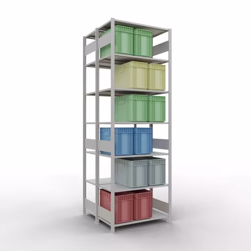 Étagère de base, étagère double, système d'étagères enfichables MULTIplus150, 3000 x 1000 x (2x500) mm (HxLxP), 2x7 étagères, barres de longueur, RAL 7035 gris clair avec le numéro d'article 1000001. 33152 Étagère de base, étagère double, système d'étagères MULTIplus150, 3000 x 1000 x (2x500) mm, 2x7 étagères, gris clair RAL 7035 de Schulte Lagertechnik de la catégorie étagères