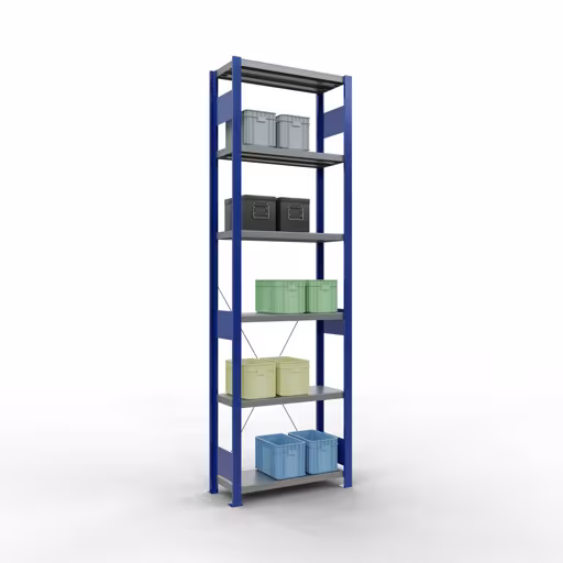 Figura n. 12 dell'articolo scaffale base, scaffale, sistema a innesto MULTIplus250, 2500 x 750 x 300 mm (AxLxP), 6 ripiani, traversa, RAL 5010 blu genziana/zincato/zincato del gruppo di prodotti sistema a innesto della marca Schulte Lagertechnik