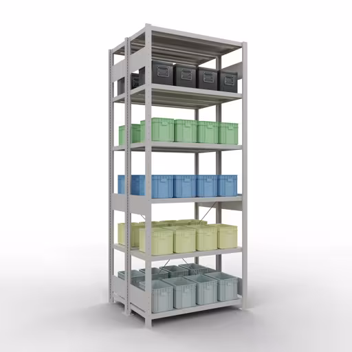 Image du produit n°6 de l'article étagère de base, système d'étagères MULTIplus250, 2500 x 1000 x (2x400) mm, 2x6 étagères, RAL 7035 gris clair de la gamme d'étagères de la marque Schulte Lagertechnik