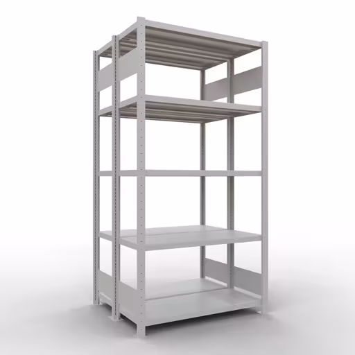 Une autre vue de l'article étagère de base, étagère double, système d'étagères enfichables MULTIplus250, 2000 x 1000 x (2x400) mm, 2x5 étagères, RAL 7035 gris clair de la catégorie étagères