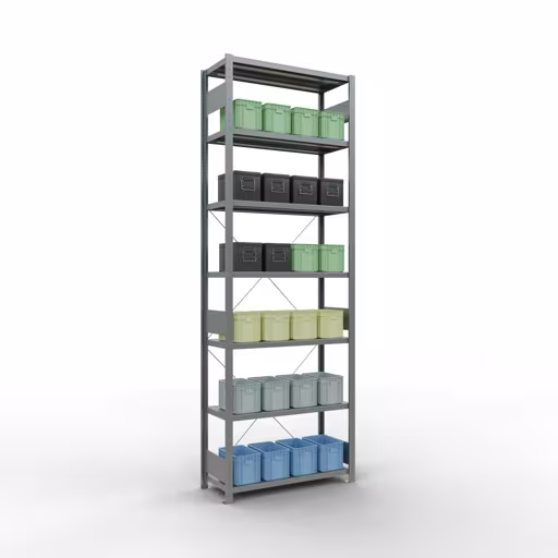 Scaffale base, scaffale, sistema a innesto MULTIplus250, 3000 x 1000 x 400 mm (AxLxP), 7 ripiani, traversa, zincato di Schulte Lagertechnik della categoria Sistema a innesto