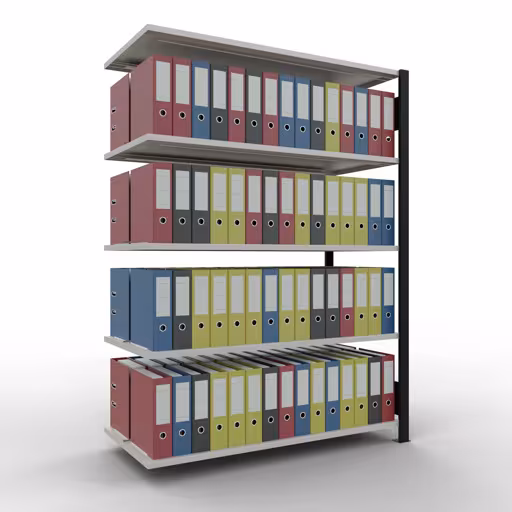 Anbauregal, Büro-Fachbodenregal Stecksystem MULTIplus150, 1800 x 1300 x 600 mm (HxBxT), 5 Fachböden, Längenriegel, mit Mittelanschlag, schwarz/lichtgrau aus der Kategorie Stecksystem mit der GTIN 4004514250063 Anbauregal, Büro-Fachbodenregal Stecksystem MULTIplus150, 1800 x 1300 x 600 mm (HxBxT), 5 Fachböden, Längenriegel, mit Mittelanschlag, schwarz/lichtgrau von der Marke Schulte Lagertechnik aus der Produktreihe Büroregale