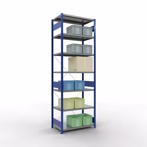 Étagère de base, étagère, système enfichable MULTIplus250, 3000 x 1000 x 600 mm, 7 étagères, traverse, RAL 5010 bleu gentiane/galvanisé de la marque Schulte Lagertechnik de la gamme de produits du système enfichable