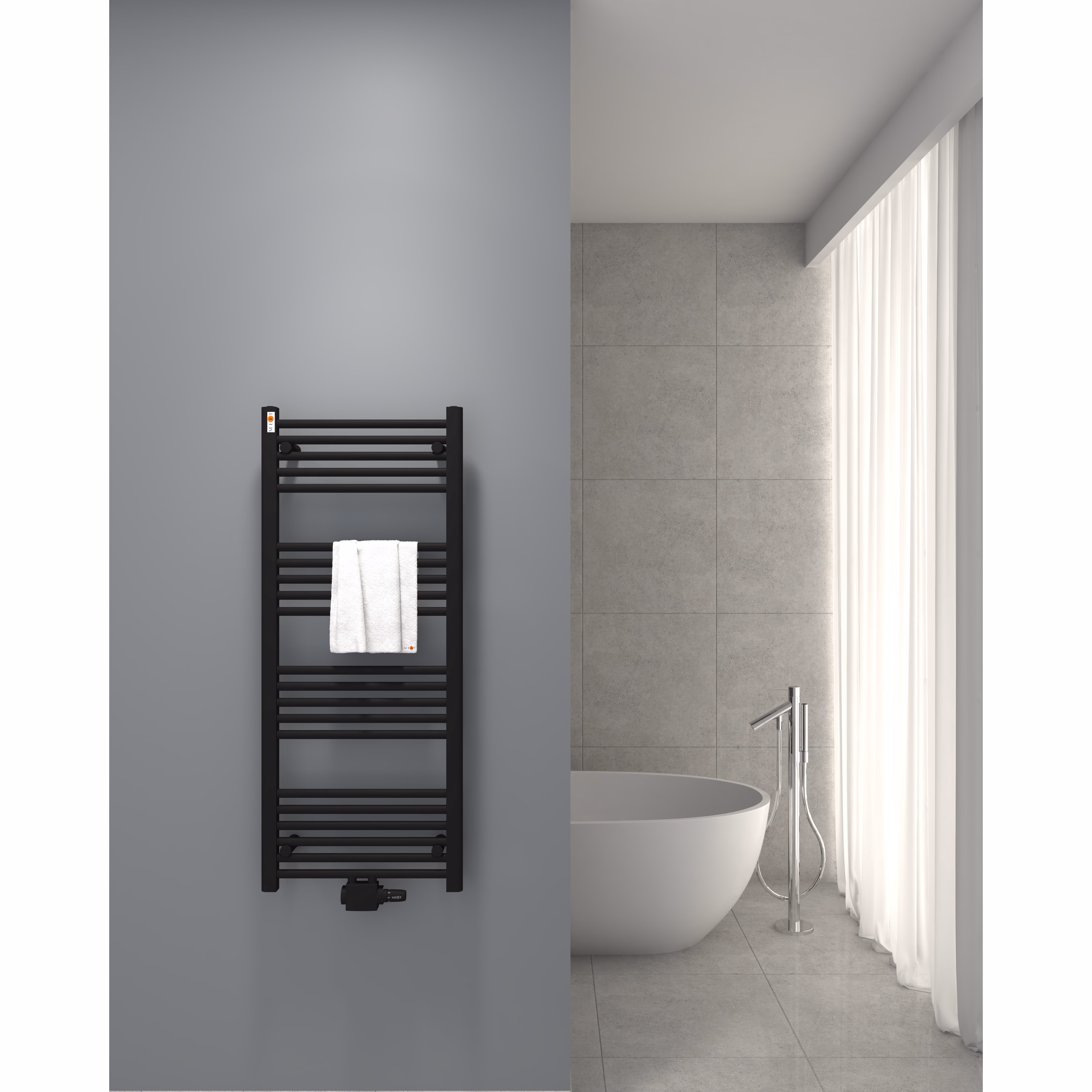 Radiateur de salle de bains MERT Comfort M, noir, droit, entraxe de 50 mm, de la catégorie Radiateurs de salle de bains à entraxe central, référence 1-50x120-M-BLACK