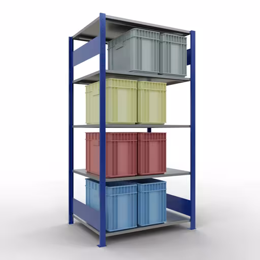 Étagère de base, étagère, système enfichable MULTIplus150, 2000 x 1000 x 800 mm (HxLxP), 5 étagères, barres de longueur, RAL 5010 bleu gentiane/galvanisé avec le GTIN 4004514281302 Étagère de base, étagère à étagères, système enfichable MULTIplus150, 2000 x 1000 x 800 mm, 5 étagères, RAL 5010 bleu gentiane/galvanisé de Schulte Lagertechnik avec le numéro d'article. 12780-LR-B