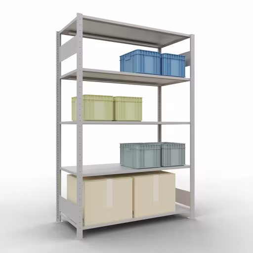 Étagère de base, étagère à étagères, système enfichable MULTIplus150, 2000 x 1300 x 600 mm, 5 étagères, barres de longueur, RAL 7035 gris clair avec le numéro d'article : 32660-130-LR Étagère de base, étagère, système enfichable MULTIplus150, 2000 x 1300 x 600 mm, 5 étagères, RAL 7035 gris clair de Schulte Lagertechnik de la catégorie système enfichable