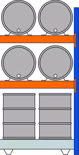 Scaffale aggiuntivo, scaffale per fusti, 2500 x 1350 x 800 mm, blu/zincato/RAL 2004, 2 livelli per 2 fusti da 200 l ciascuno sdraiati; 1 ripiano da pavimento 1330 x 1100 mm della marca Schulte Lagertechnik della gamma scaffalature portapallet