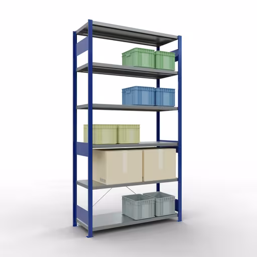 Étagère de base, étagère à étagères, système enfichable MULTIplus250, 2500 x 1300 x 500 mm, 6 étagères, traverse, RAL 5010 bleu gentiane/galvanisé de Schulte Lagertechnik avec le numéro d'article. 12951-130-B