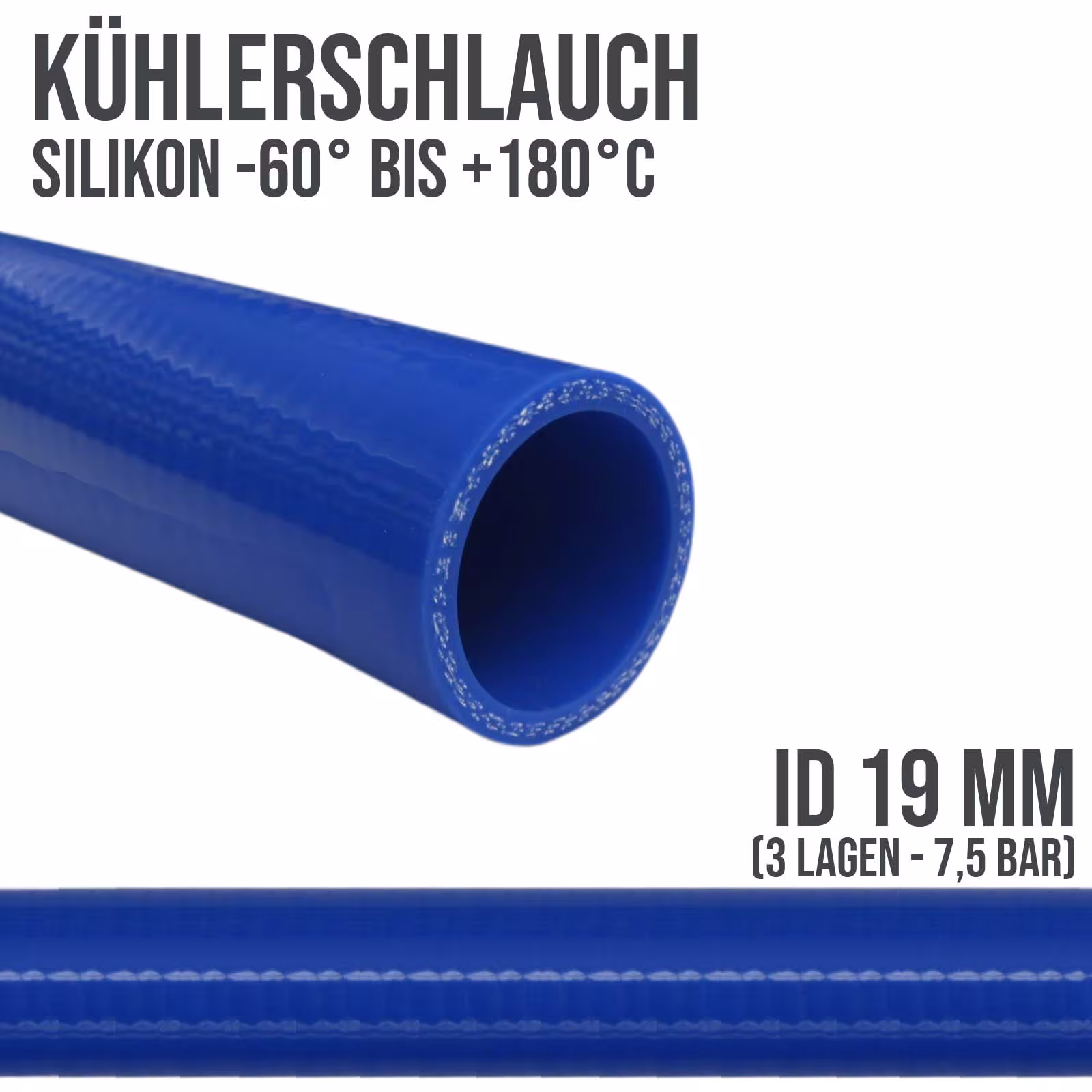 19 x 27 mm Kühler Silikon LLK Ladeluft Kühlmittel Schlauch blau PN 7,5 bar - Fixlänge 1 m aus der Kategorie Kühlwasserschläuche mit der Artikelnummer KSS019-1000GA