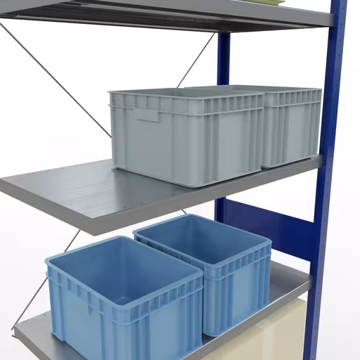 Un'altra vista dell'articolo Scaffali aggiuntivi, ripiano per scaffali, sistema a innesto MULTIplus250, 3000 x 1000 x 500 mm (AxLxP), 7 ripiani, traversa, RAL 5010 blu genziana/zincato dalla categoria Sistemi a innesto