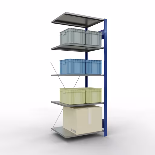 Scaffali aggiuntivi, scaffali, sistema a innesto MULTIplus150, 2000 x 750 x 600 mm (AxLxP), 5 ripiani, traversa, RAL 5010 blu genziana/zincato/zincato di Schulte Lagertechnik della categoria Sistemi a innesto