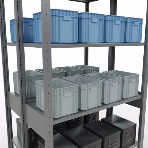 Image du produit n° 13 de l'article étagère de base, étagère double, système d'étagères enfichables MULTIplus150, 2500 x 1000 x (2x400) mm (HxLxP), 2x6 étagères, traverse, galvanisé Figure n° 13 de l'article étagère de base, étagère double, système d'étagères enfichables MULTIplus150, 2500 x 1000 x (2x400) mm, 2x6 étagères, galvanisées du groupe de produits étagères de la marque Schulte Lagertechnik.