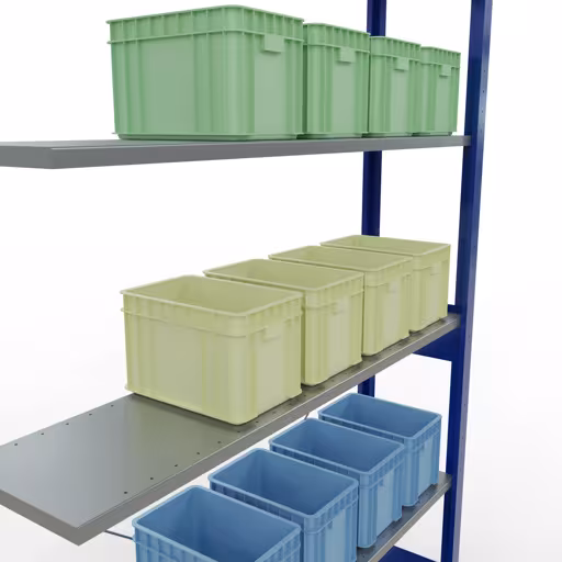 Une autre vue de l'article Rayonnage complémentaire, rayonnage à étagères, système enfichable MULTIplus150, 2500 x 1300 x 300 mm (HxLxP), 6 étagères, traverse, RAL 5010 bleu gentiane/galvanisé Une autre vue de l'article Étagère rapportée, étagère système enfichable MULTIplus150, 2500 x 1300 x 300 mm, 6 étagères, RAL 5010 bleu gentiane/galvanisé de la catégorie système enfichable