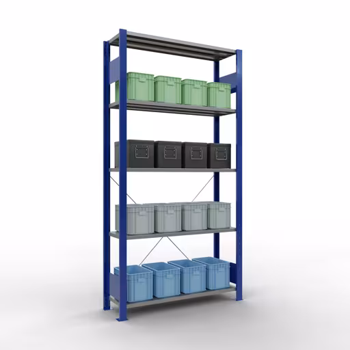 Image du produit n° 15 de l'article étagère de base, étagère, système enfichable MULTIplus85, 2000 x 1000 x 300 mm (HxLxP), 5 étagères, traverse, RAL 5010 bleu gentiane Figure n° 15 de l'article étagère de base, système d'étagères enfichables MULTIplus85, 2000 x 1000 x 300 mm, 5 étagères, traverse, RAL 5010 bleu gentiane du groupe de produits système enfichable de la marque Schulte Lagertechnik