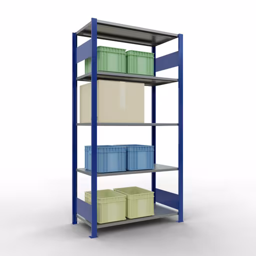 Image du produit n° 12 de l'article étagère de base, étagère, système enfichable MULTIplus150, 2000 x 1000 x 500 mm (HxLxP), 5 étagères, barre de longueur, RAL 5010 bleu gentiane/galvanisé Image du produit n° 12 de l'article étagère de base, étagère, système enfichable MULTIplus150, 2000 x 1000 x 500 mm, 5 étagères, RAL 5010 bleu gentiane/galvanisé de la gamme de produits du système enfichable de Schulte Lagertechnik