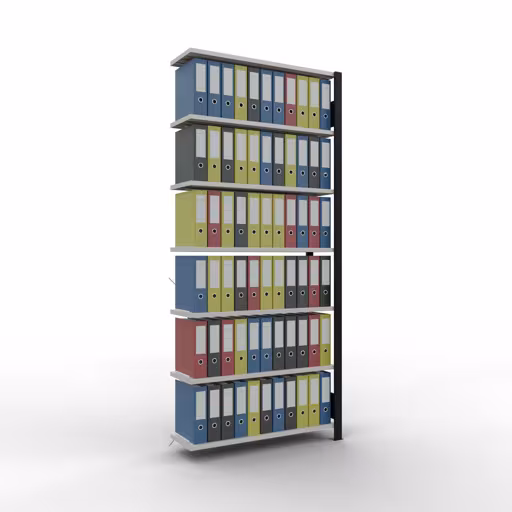 Produktbild Nr 13 des Artikels Anbauregal, Büro-Fachbodenregal Stecksystem MULTIplus85, 2300 x 1000 x 300 mm (HxBxT), 7 Fachböden, Kreuzstrebe, ohne Anschlagleiste, schwarz/lichtgrau Abbildung Nr 13 des Artikels Anbauregal, Büro-Fachbodenregal Stecksystem MULTIplus85, 2300 x 1000 x 300 mm (HxBxT), 7 Fachböden, Kreuzstrebe, ohne Anschlagleiste, schwarz/lichtgrau aus der Produktgruppe Büroregale von der Marke Schulte Lagertechnik