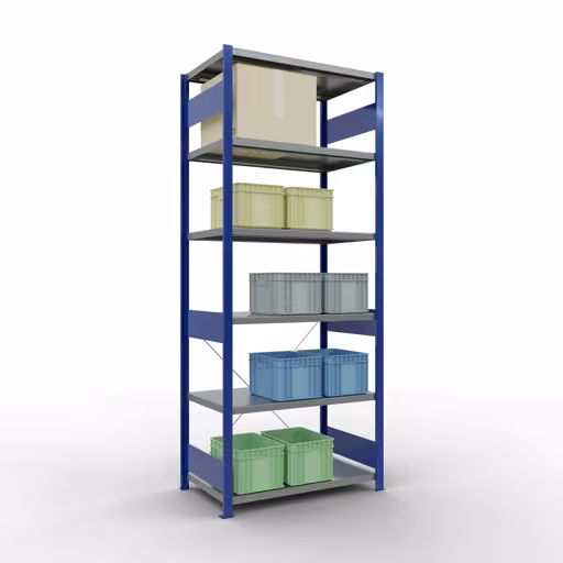 Grundregal, Fachbodenregal Stecksystem MULTIplus250, 2500 x 1000 x 600 mm (HxBxT), 6 Fachböden, Kreuzstrebe, RAL 5010 enzianblau/verzinkt mit der Artikelnr. 12961-B Grundregal, Fachbodenregal Stecksystem MULTIplus250, 2500 x 1000 x 600 mm (HxBxT), 6 Fachböden, Kreuzstrebe, RAL 5010 enzianblau/verzinkt von Schulte Lagertechnik aus der Kategorie Stecksystem