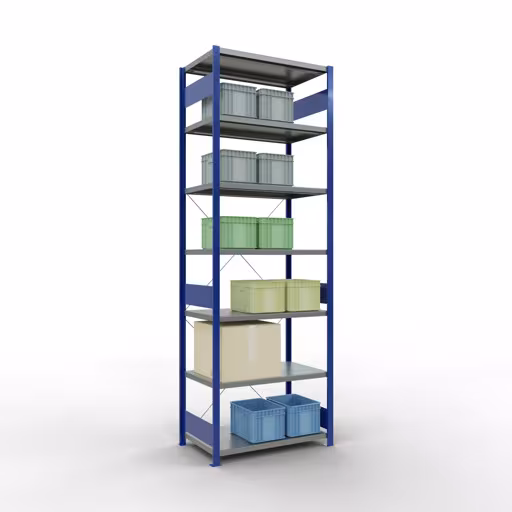 Figura n. 12 dell'articolo scaffale base, scaffale, sistema a innesto MULTIplus330, 3000 x 1000 x 600 mm (AxLxP), 7 ripiani, traversa, RAL 5010 blu genziana/zincato del gruppo di prodotti sistema a innesto della marca Schulte Lagertechnik