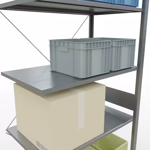 Produktbild Nr 13 des Artikels Anbauregal, Fachbodenregal Stecksystem MULTIplus85, 3000 x 1000 x 600 mm (HxBxT), 7 Fachböden, Kreuzstrebe, verzinkt Abbildung Nr 13 des Artikels Anbauregal, Fachbodenregal Stecksystem MULTIplus85, 3000 x 1000 x 600 mm (HxBxT), 7 Fachböden, Kreuzstrebe, verzinkt aus der Produktgruppe Stecksystem von der Marke Schulte Lagertechnik