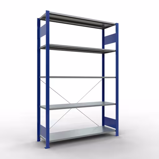 Une autre vue de l'article étagère de base, étagère, système enfichable MULTIplus150, 2000 x 1300 x 400 mm, 5 étagères, RAL 5010 bleu gentiane/galvanisé de la catégorie système enfichable