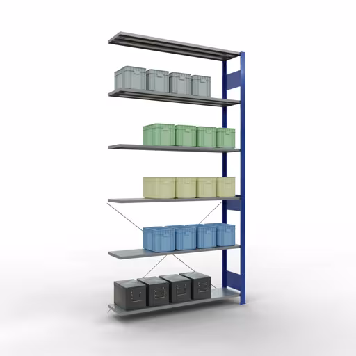 Rayonnage supplémentaire, étagère, système enfichable MULTIplus150, 2500 x 1300 x 300 mm (HxLxP), 6 étagères, traverse, RAL 5010 bleu gentiane/galvanisé avec le GTIN 4004514279743 Rayonnage supplémentaire, rayonnage à étagères, système enfichable MULTIplus150, 2500 x 1300 x 300 mm, 6 étagères, RAL 5010 bleu gentiane/galvanisé de Schulte Lagertechnik avec le réf. 12736-130-B