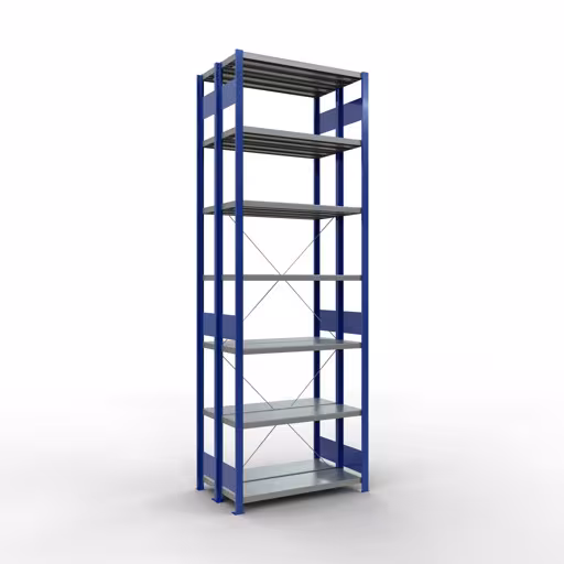 Un'altra vista dell'articolo Scaffale base, scaffale doppio, sistema di scaffali MULTIplus250, 3000 x 1000 x (2x300) mm (AxLxP), 2x7 ripiani, traversa, blu genziana dalla categoria scaffali