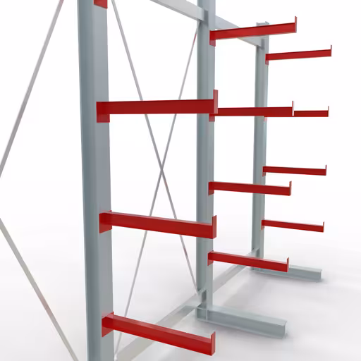 Scaffale completo K 3000, unilaterale, 2500 x 3900 x 600 mm, RAL 7001 / RAL 3000, 5 livelli di stoccaggio della categoria K3000 per merci medio-pesanti con GTIN 4058255001354 Scaffale completo K 3000, unilaterale, 2500 x 3900 x 600 mm, RAL 7001 / RAL 3000, 5 livelli di stoccaggio della marca Schulte Lagertechnik dal programma di scaffalature cantilever