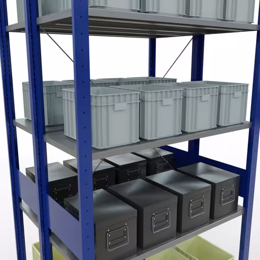 Étagère de base, étagère double, système d'étagères MULTIplus150, 3000 x 1000 x (2x800) mm (HxLxP), 2x7 étagères, traverse, RAL 5010 bleu gentiane avec la référence réf. 32742-B Étagère de base, étagère double, système d'étagères MULTIplus150, 3000 x 1000 x (2x800) mm, 2x7 étagères, RAL 5010 bleu gentiane de Schulte Lagertechnik de la catégorie étagères