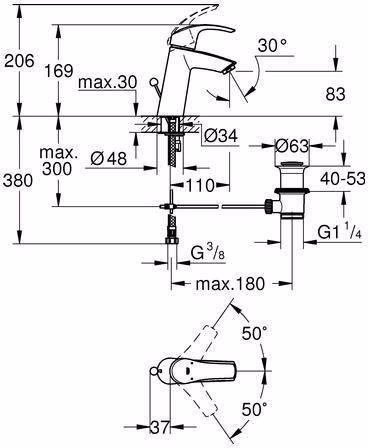 Technische Zeichnung 4049826 Miscelatore monocomando GROHE per lavabo Eurosmart 23322_1 cromo medio-alto